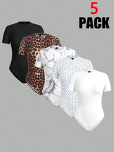 Women's 5pcs/Set Casual Round Neck Short Sleeve Bodysuit Set